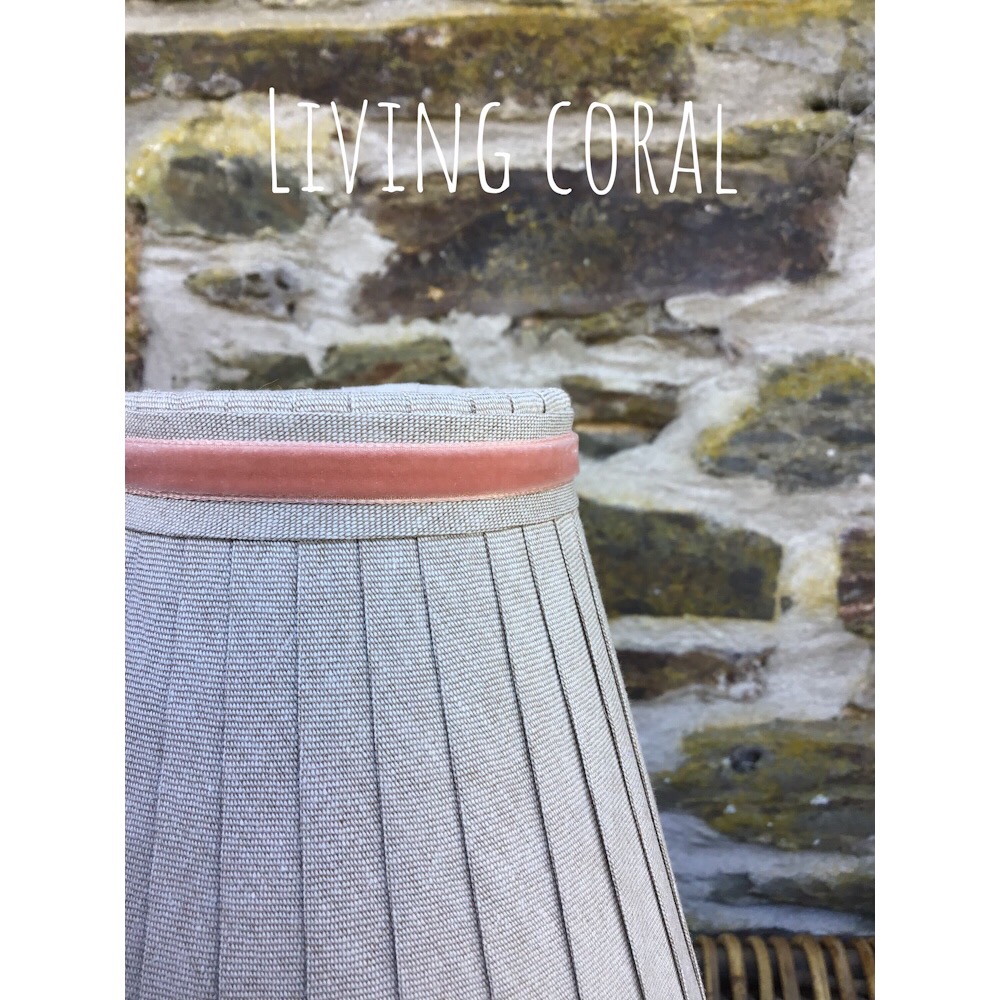 Linen ribbon lampshade trimmed with velvet narrow ribbon in living coral